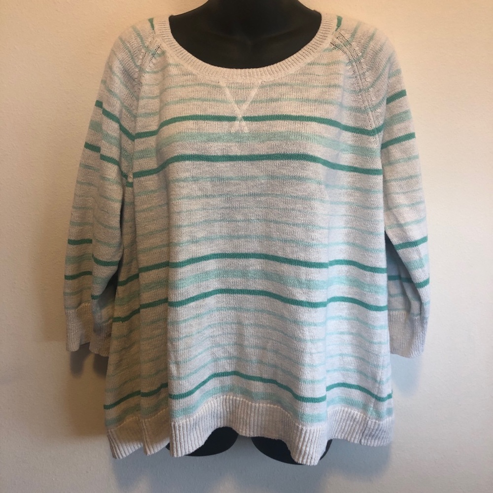 Sonoma Cream and Green Striped Cotton Sweater 1X